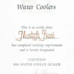 سرتیفیکیت مدیر مجموعه تجهیزات پزشکی کیان طب، برای NSA water cooler dealer